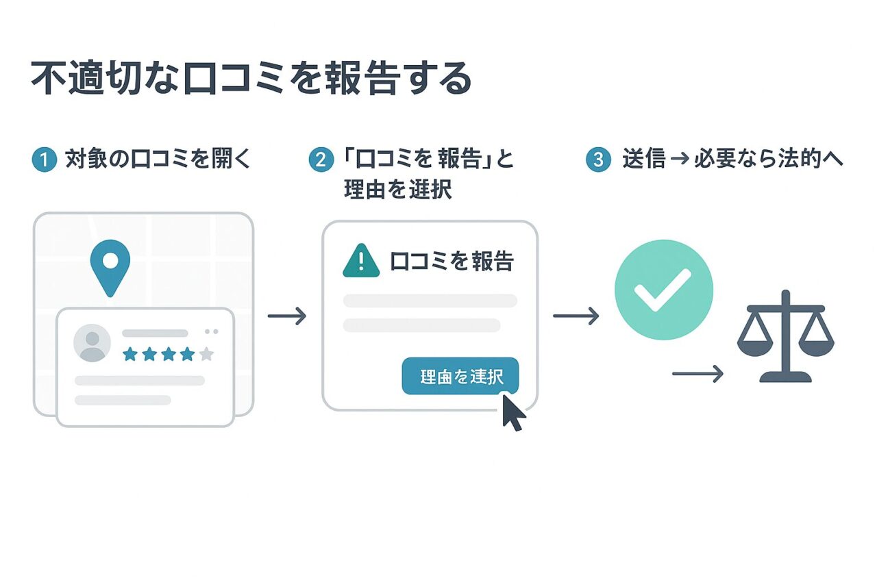 不適切な口コミを報告する3ステップ：①対象の口コミを開く ②「口コミを報告」と理由を選択 ③送信→必要なら法的申立へ